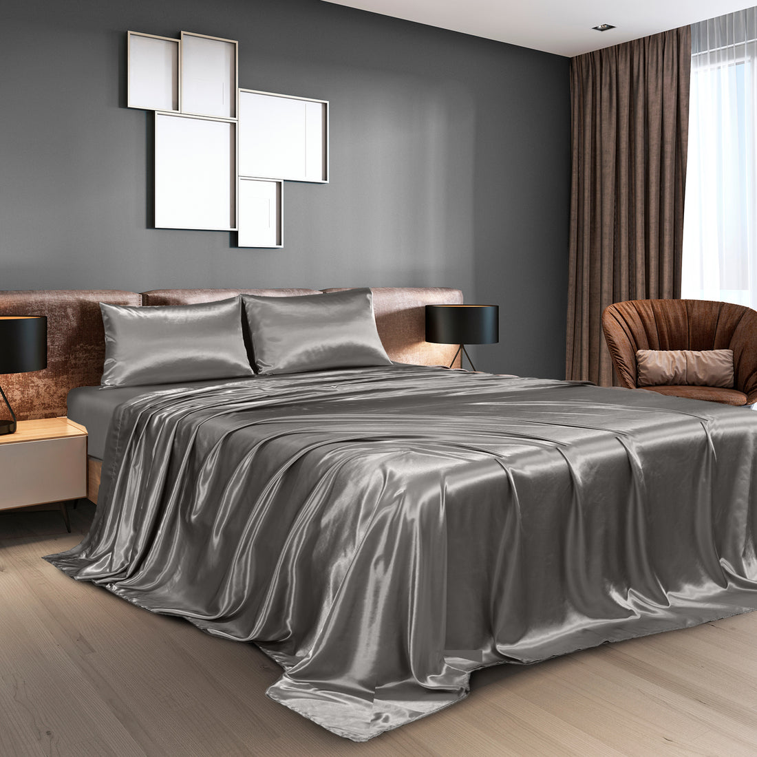 Royal Comfort Satin Sheet Set 4 Piece Fitted Flat Pillowcases Silky