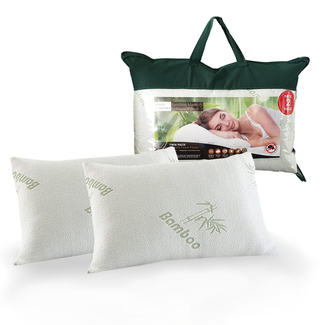 Royal Comfort Bamboo Covered Memory Foam Pillow 56x36cm Twin Pack