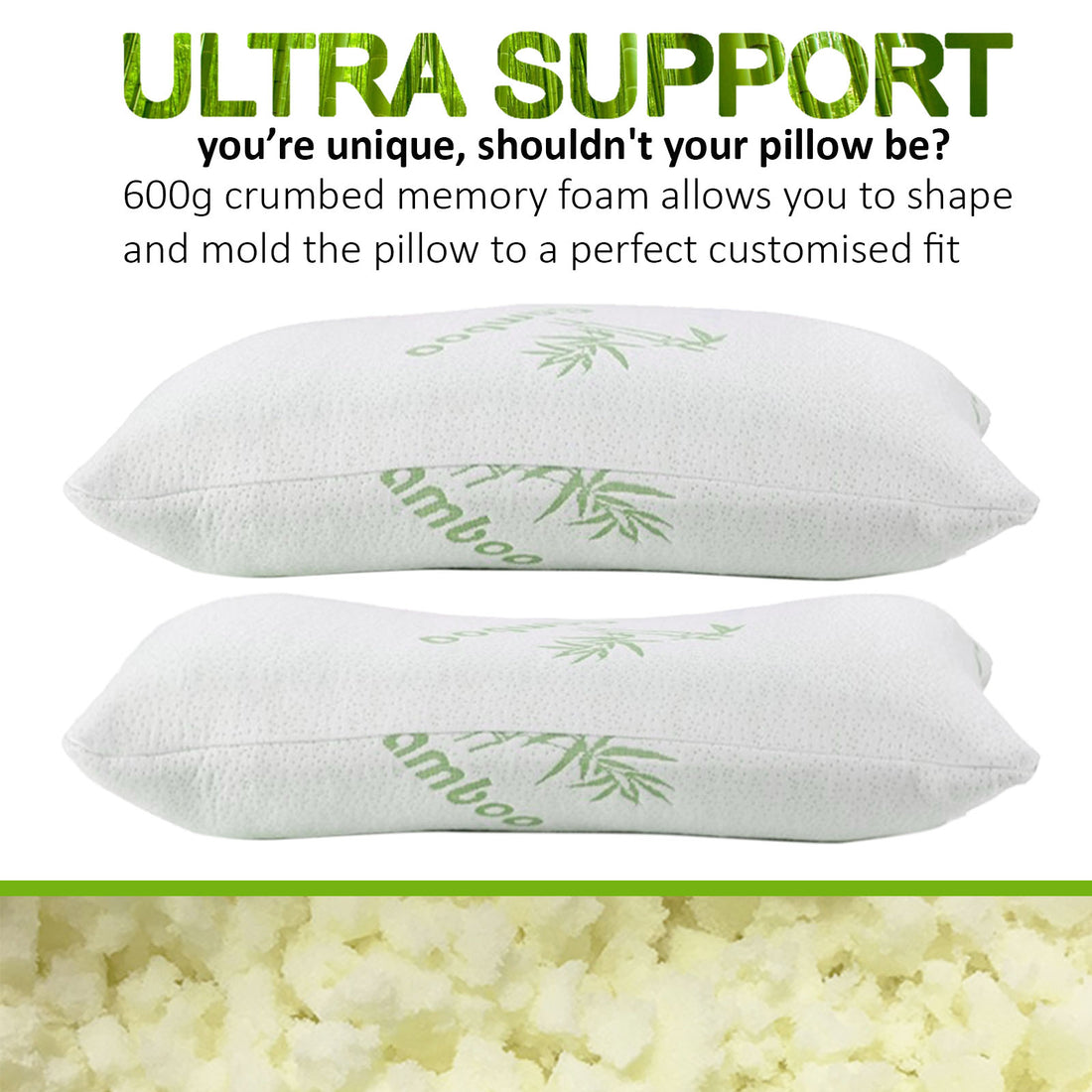 Royal Comfort Bamboo Covered Memory Foam Pillow 56x36cm Twin Pack