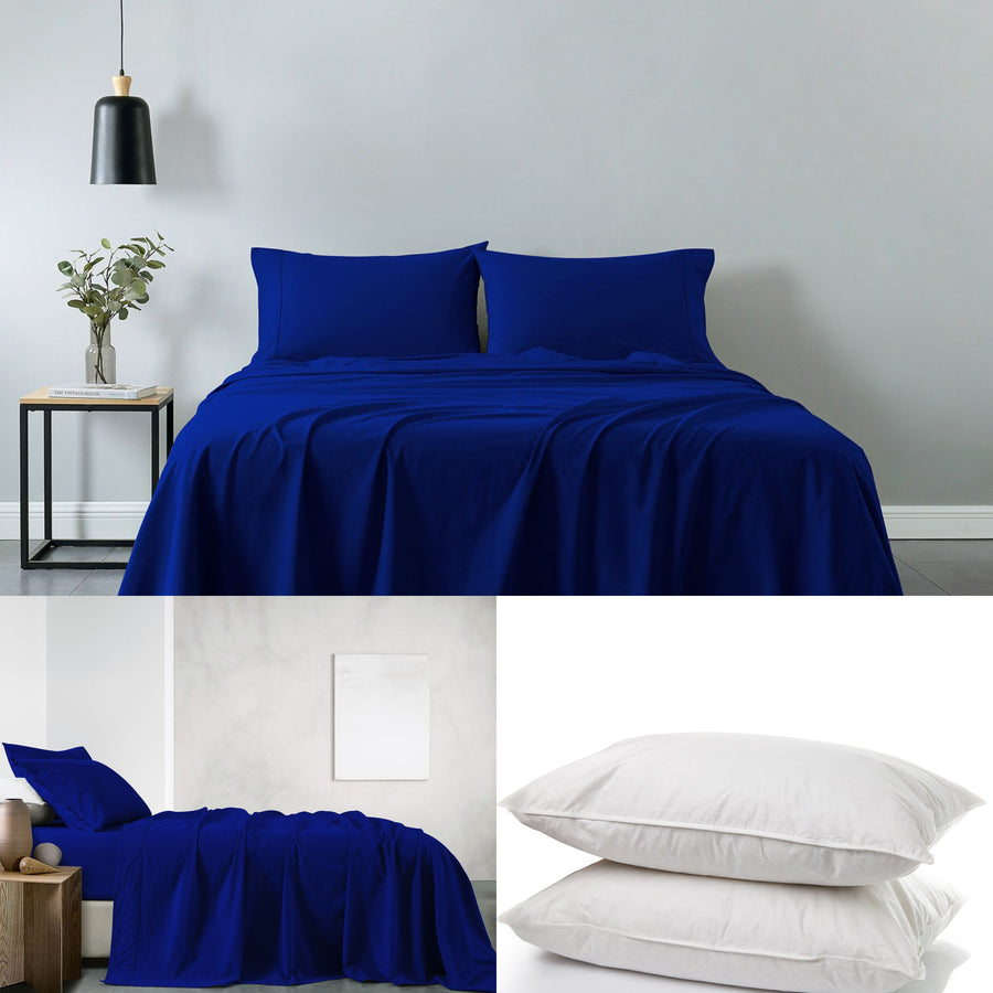 Royal Comfort 100% Cotton Sheet Set and 2 Duck Feather Down Pillows Bundle